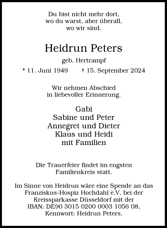 Traueranzeige von Heidrun Peters von Tageszeitung