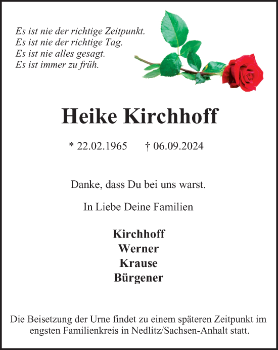 Traueranzeige von Heike Kirchhoff von Tageszeitung
