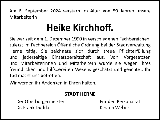 Traueranzeige von Heike Kirchhoff von Tageszeitung