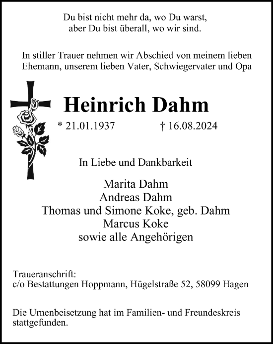 Traueranzeige von Heinrich Dahm von Tageszeitung