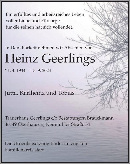 Traueranzeige von Heinz Geerlings von Tageszeitung