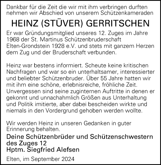 Traueranzeige von Heinz Gerrritschen von Tageszeitung
