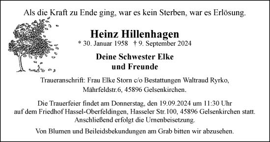 Traueranzeige von Heinz Hillenhagen von Tageszeitung