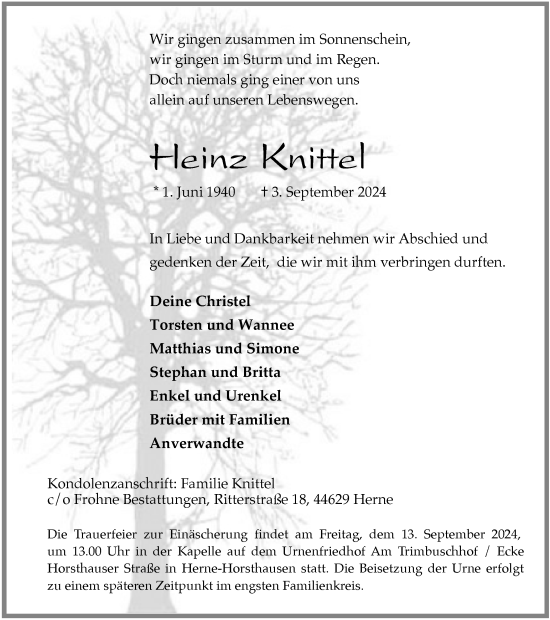 Traueranzeige von Heinz Knittel von Tageszeitung