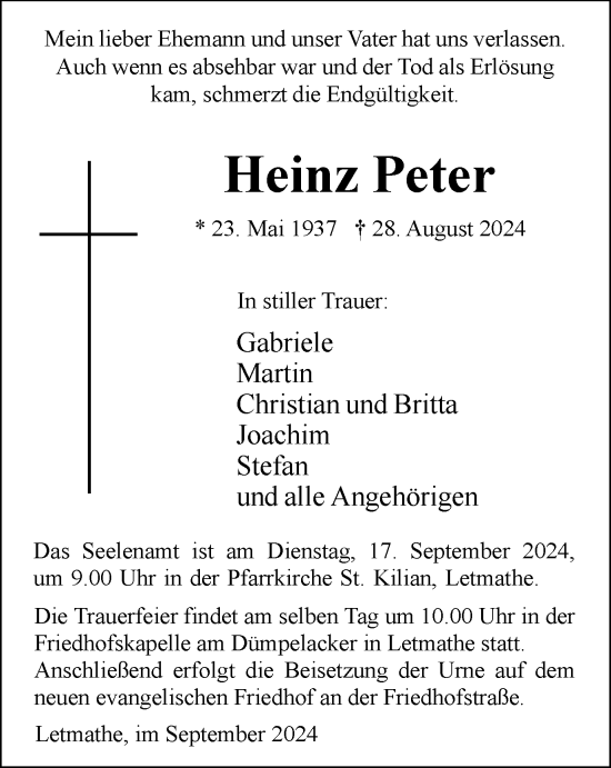 Traueranzeige von Heinz Peter von Tageszeitung