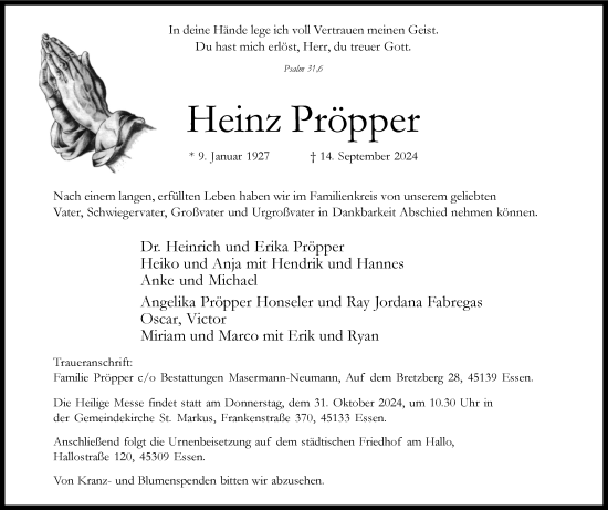 Traueranzeige von Heinz Pröpper von Tageszeitung