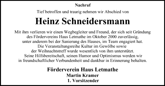 Traueranzeige von Heinz Schneidersmann von Tageszeitung