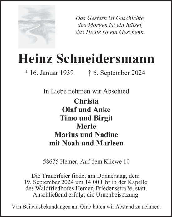 Traueranzeige von Heinz Schneidersmann von Tageszeitung