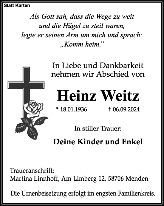 Traueranzeige von Heinz Weitz von Tageszeitung