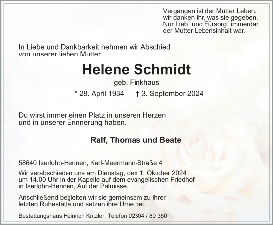 Traueranzeige von Helene Schmidt von Tageszeitung