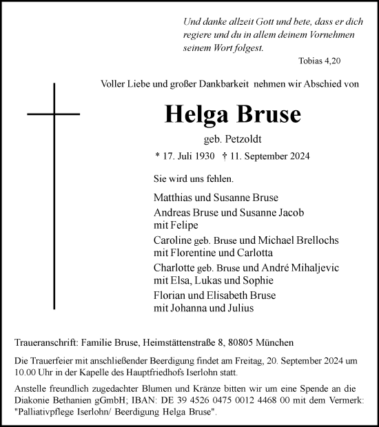 Traueranzeige von Helga Bruse von Tageszeitung