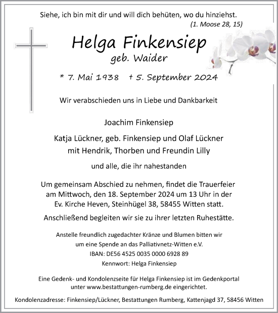 Traueranzeige von Helga Finkensiep von Tageszeitung