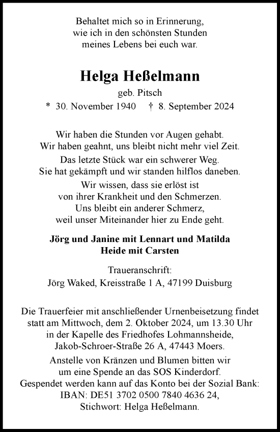 Traueranzeige von Helga Heßelmann von Tageszeitung