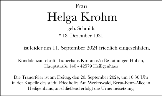 Traueranzeige von Helga Krohm von Tageszeitung