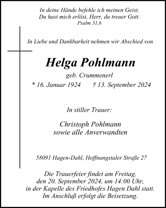 Traueranzeige von Helga Pohlmann von Tageszeitung