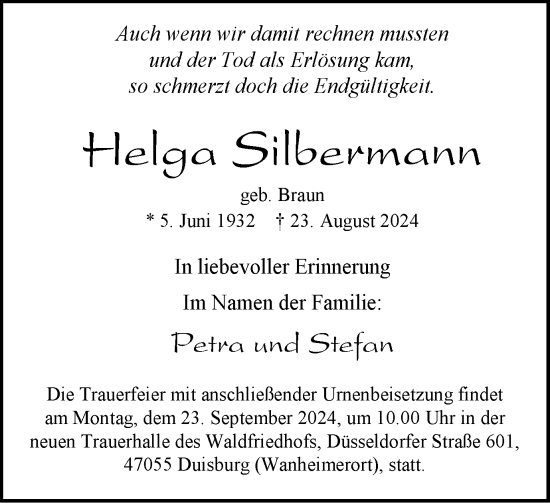 Traueranzeige von Helga Silbermann von Tageszeitung