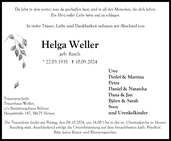 Traueranzeige von Helga Weller von Tageszeitung