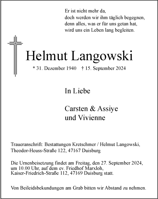 Traueranzeige von Helmut Langowski von Tageszeitung