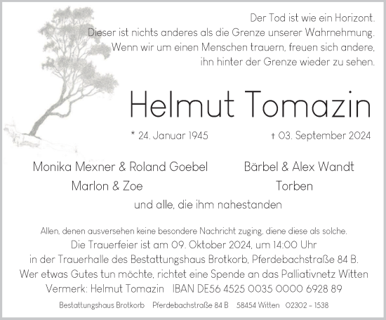 Traueranzeige von Helmut Tomazin von Tageszeitung