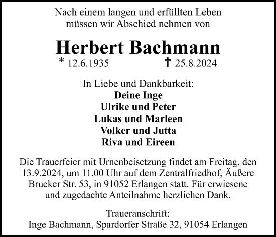 Traueranzeige von Herbert Bachmann von Tageszeitung