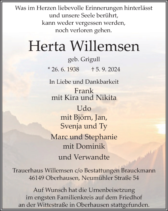 Traueranzeige von Herta Willemsen von Tageszeitung