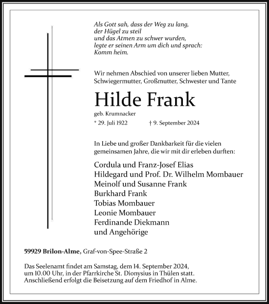 Traueranzeige von Hilde Frank von Tageszeitung