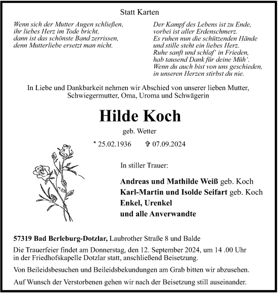 Traueranzeige von Hilde Koch von Tageszeitung