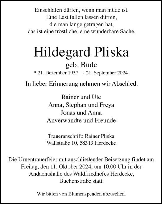Traueranzeige von Hildegard Pliska von Tageszeitung