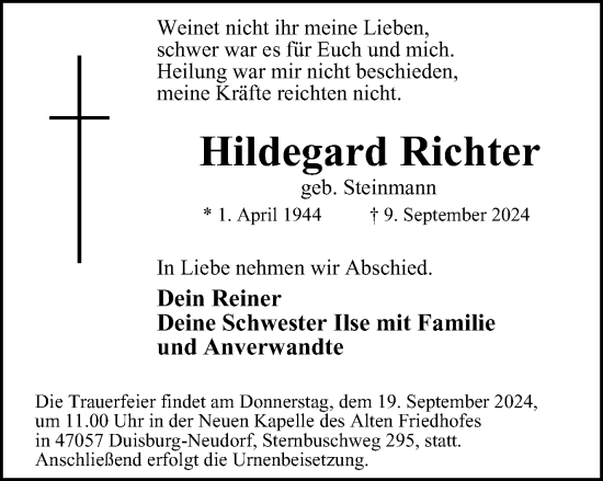 Traueranzeige von Hildegard Richter von Tageszeitung