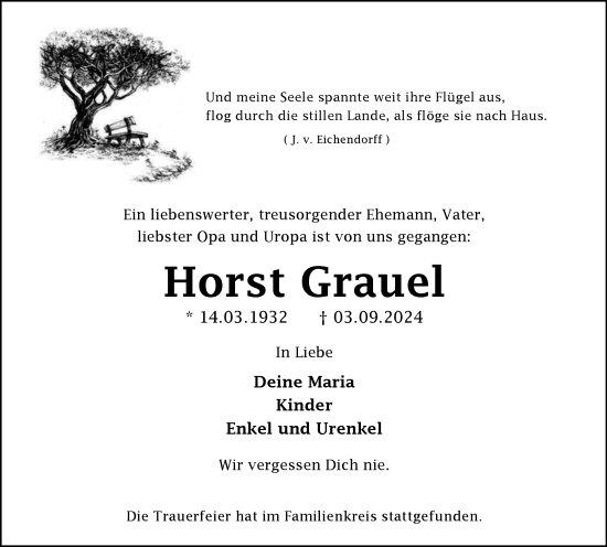 Traueranzeige von Horst Grauel von Tageszeitung