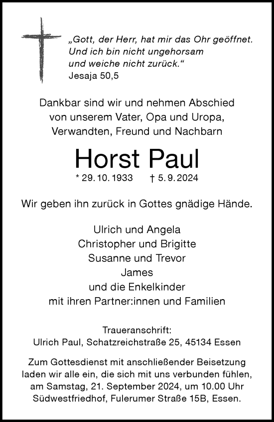 Traueranzeige von Horst Paul von Tageszeitung