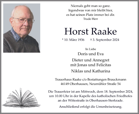 Traueranzeige von Horst Raake von Tageszeitung