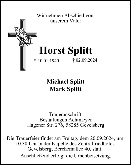 Traueranzeige von Horst Splitt von Tageszeitung