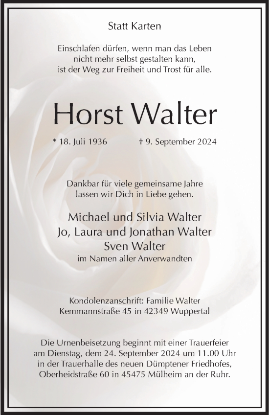 Traueranzeige von Horst Walter von Tageszeitung