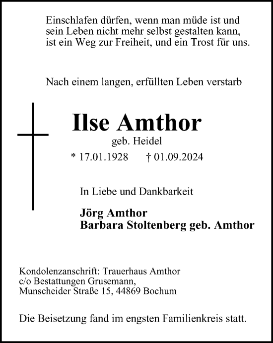 Traueranzeige von Ilse Amthor von Tageszeitung