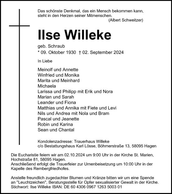 Traueranzeige von Ilse Willeke von Tageszeitung