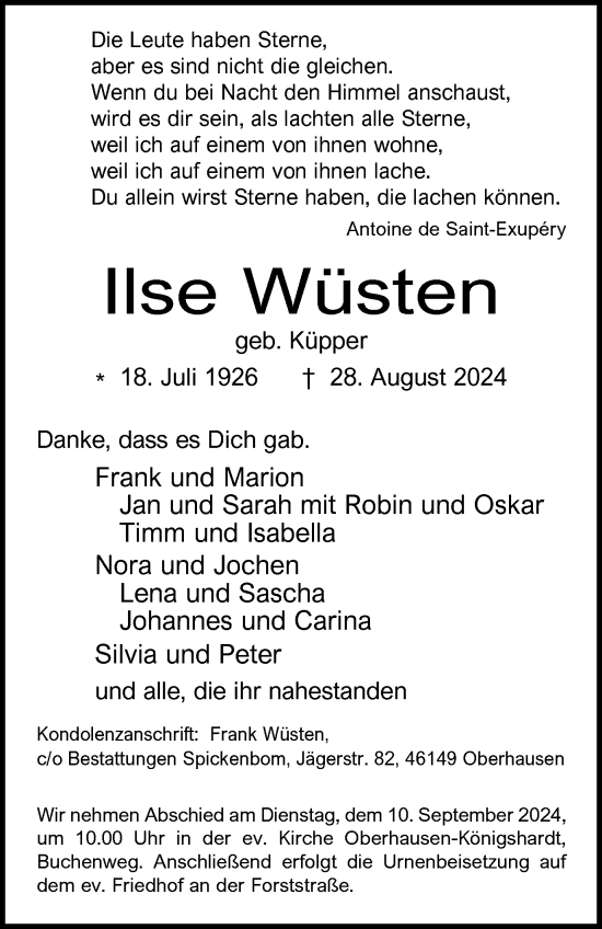 Traueranzeige von Ilse Wüsten von Tageszeitung