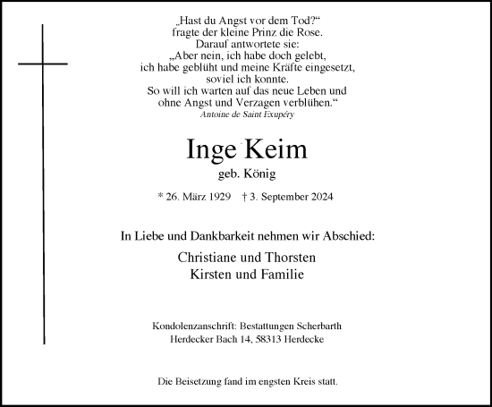Traueranzeige von Inge Keim von Tageszeitung