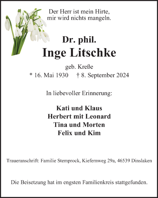 Traueranzeige von Inge Litschke von Tageszeitung