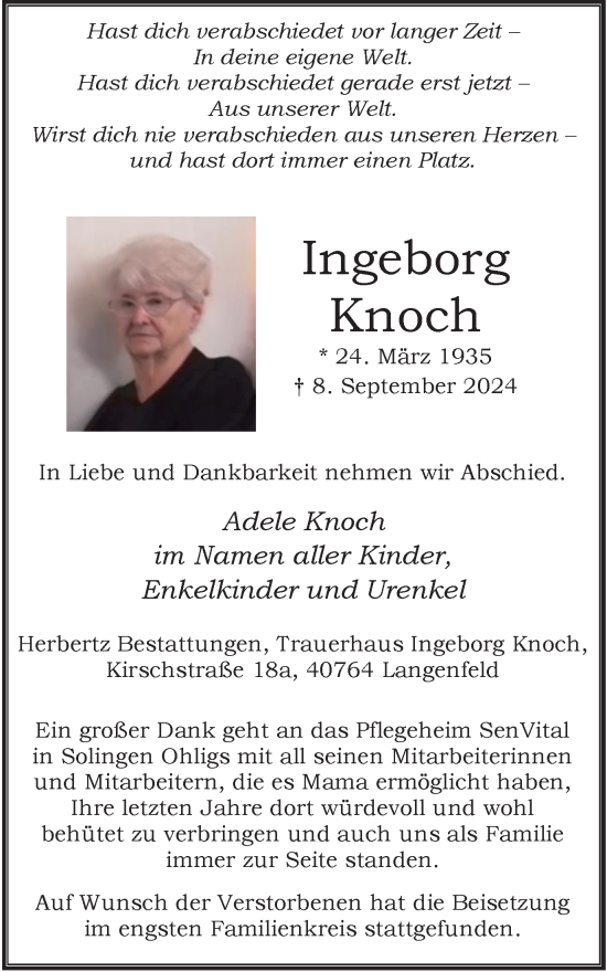 Traueranzeige von Ingeborg Knoch von Tageszeitung