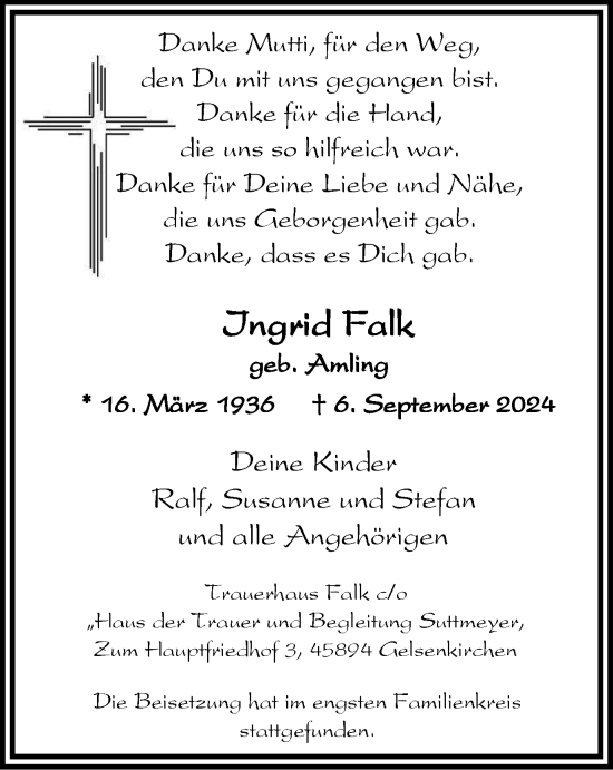 Traueranzeige von Ingrid Falk von Tageszeitung