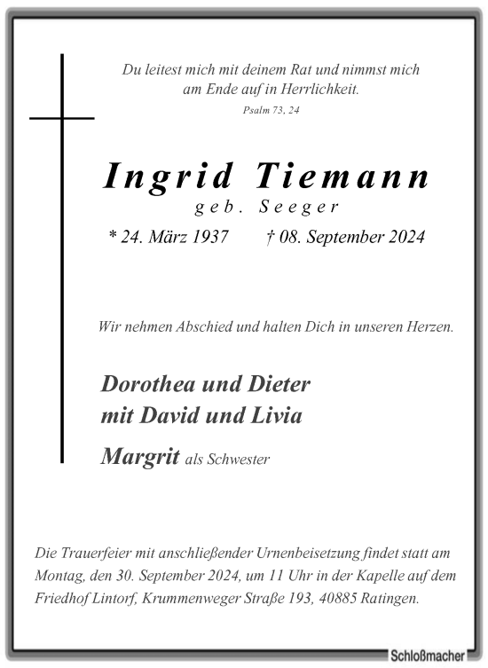 Traueranzeige von Ingrid Tiemann von Tageszeitung