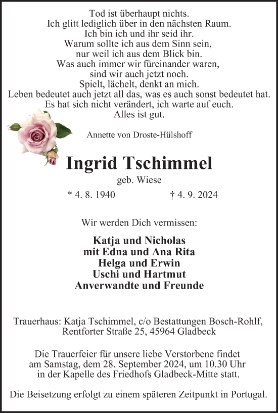 Traueranzeige von Ingrid Tschimmel von Tageszeitung