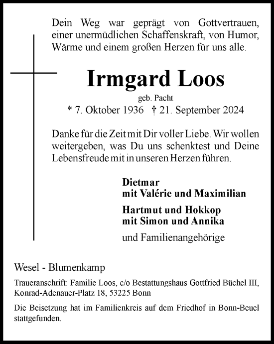 Traueranzeige von Irmgard Loos von Tageszeitung