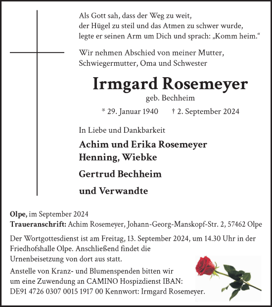 Traueranzeige von Irmgard Rosemeyer von Tageszeitung