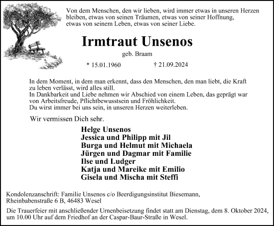 Traueranzeige von Irmtraut Unsenos von Tageszeitung
