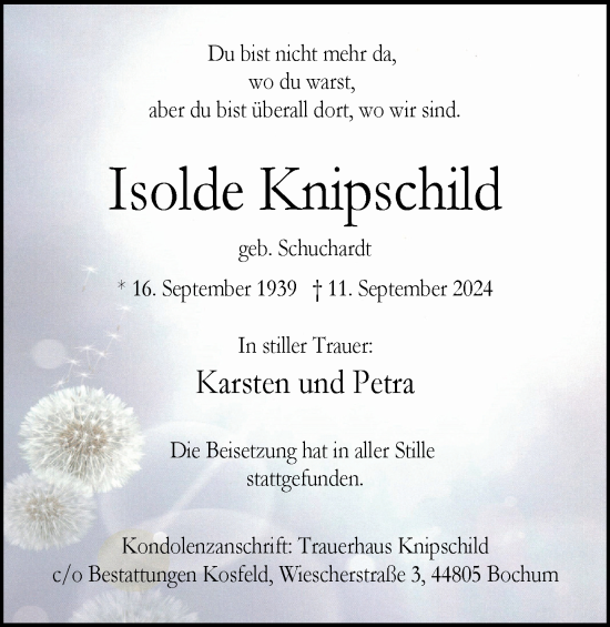 Traueranzeige von Isolde Knipschild von Tageszeitung