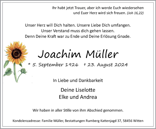 Traueranzeige von Joachim Müller von Tageszeitung