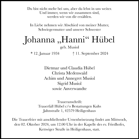 Traueranzeige von Johanna Hübel von Tageszeitung