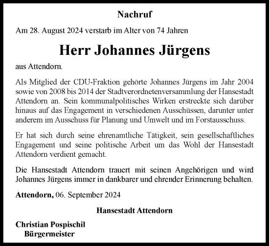 Traueranzeige von Johannes Jürgens von Tageszeitung